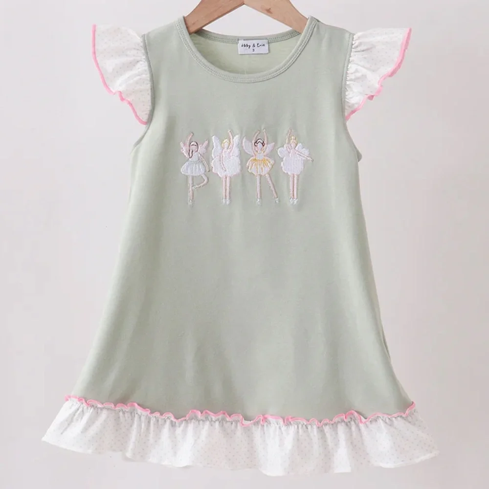 Kids Ballerina Ballet Embroidered Dress - Sage Green with Pink Trim Girls 2T NWT